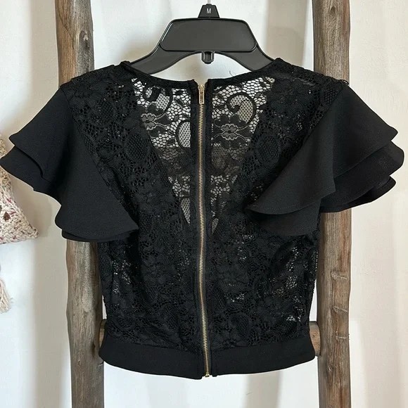 Amanza Ruffle Sleeve Black Lace Blouse / Size Small - Picture 8 of 10